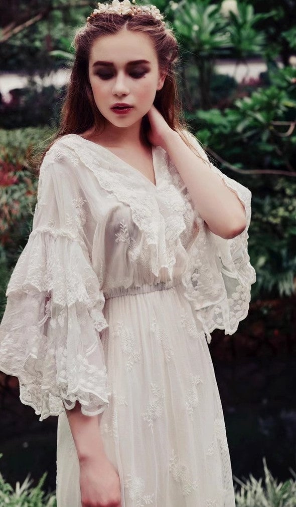 White Lace Maxi Dress with Ruffled Bell Sleeves — Trendy Fairycore Outfits