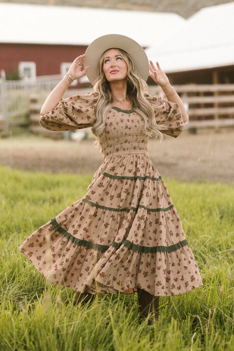 Tan Floral Print Maxi Dress with Smocked Bodice — Trendy Fairycore Outfits