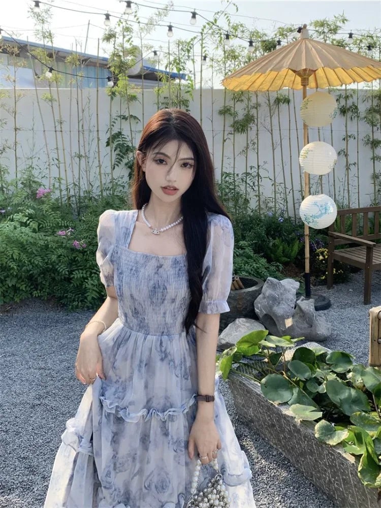 Blue and White Floral Chiffon Dress with Tiered Skirt — Trendy Fairycore Outfits