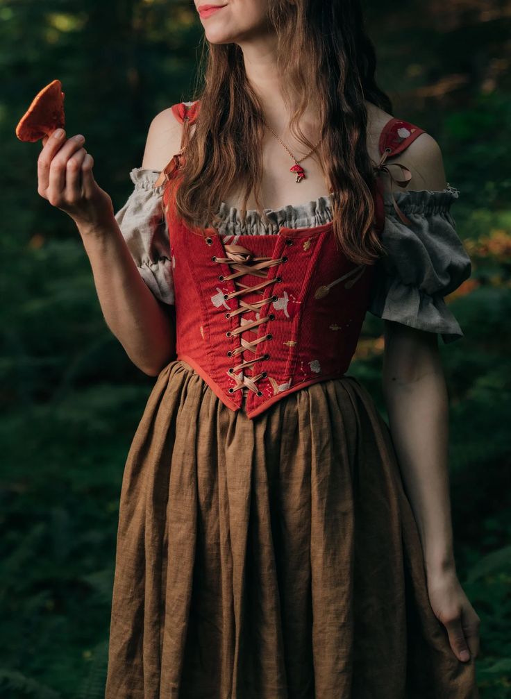 Red Embroidered Corduroy Corset with Puff Sleeve Blouse and Linen — Trendy Fairycore Outfits