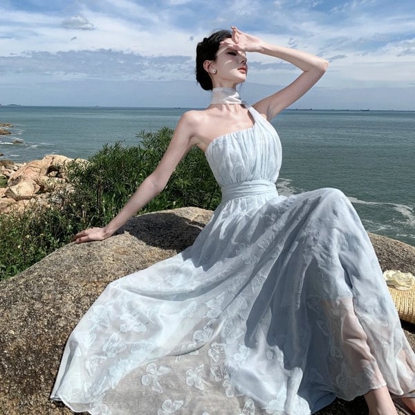 Light Blue One-Shoulder Chiffon Maxi Dress with Butterfly Embroidery — Trendy Fairycore Outfits