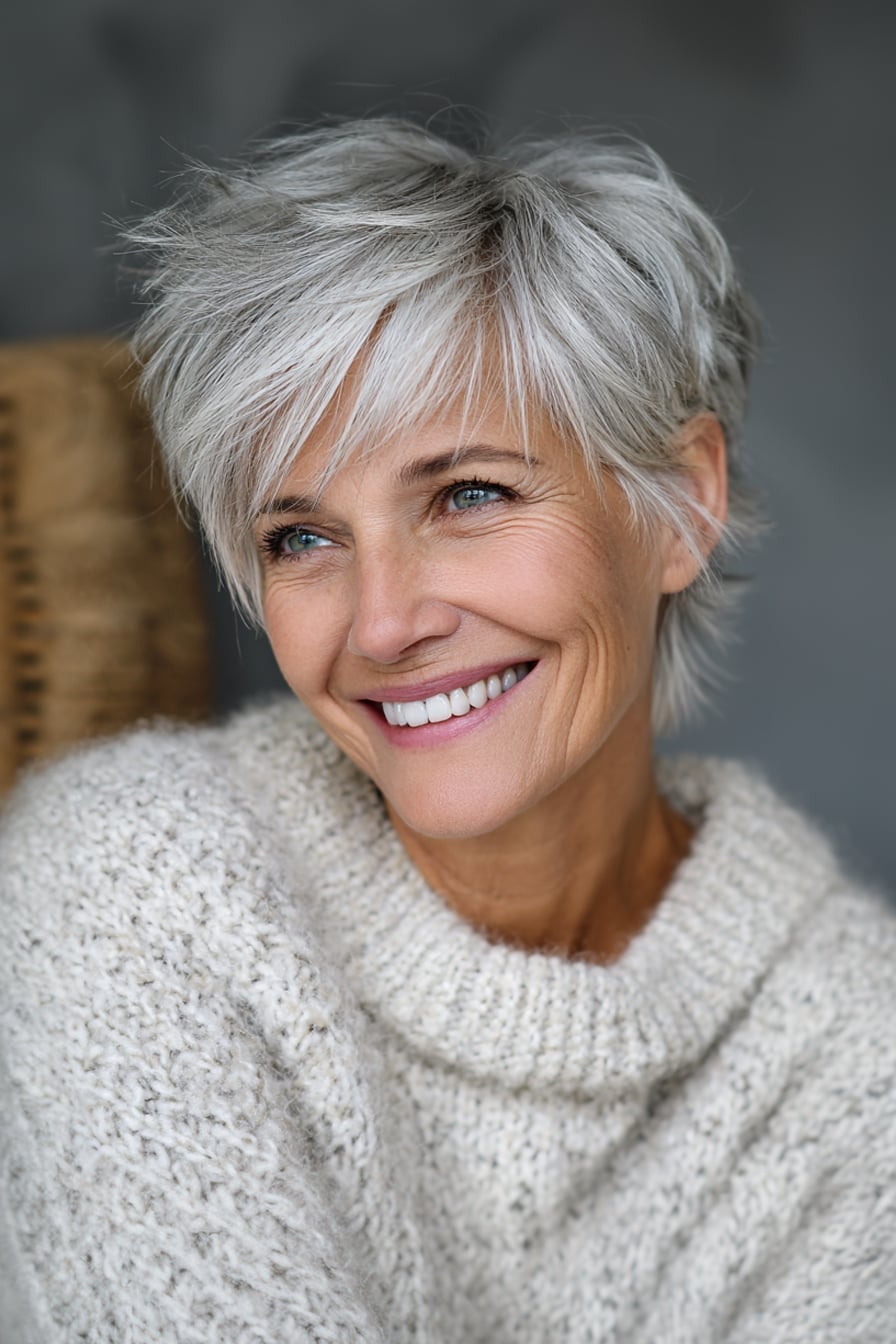 Ear Length Grey Pixie With Textured Layers, Close-Up Take Ear Length Grey Pixie With Textured Layers, Close-Up Take — Trendy Fine Hair