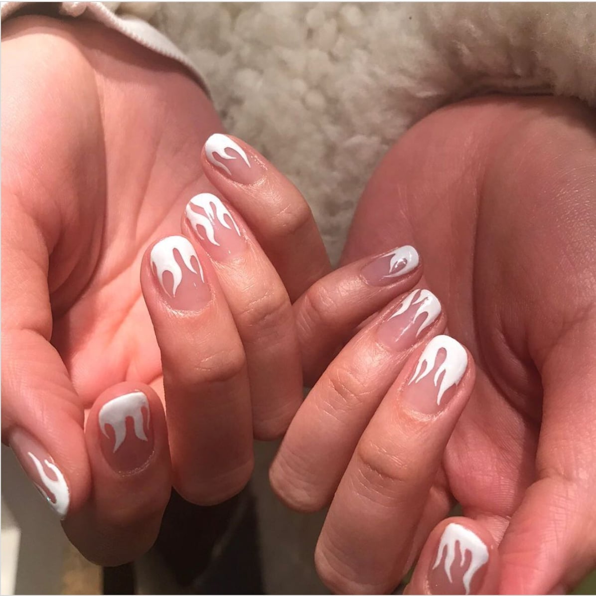 Short Almond Clear With White Flame Designs Short Almond Clear With White Flame Designs — Trendy Flame Nails