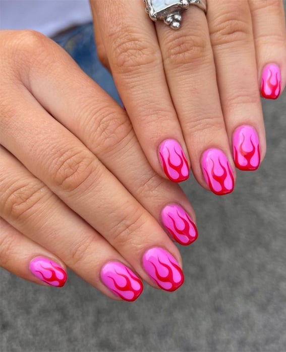 Short Oval Hot Pink With Red Flame Accents Short Oval Hot Pink With Red Flame Accents — Trendy Flame Nails