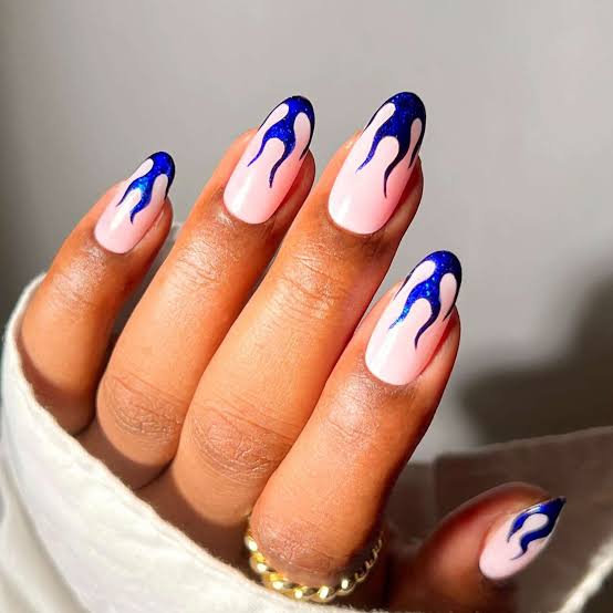 Medium Oval Soft Pink With Blue Shimmer Flames Medium Oval Soft Pink With Blue Shimmer Flames — Trendy Flame Nails