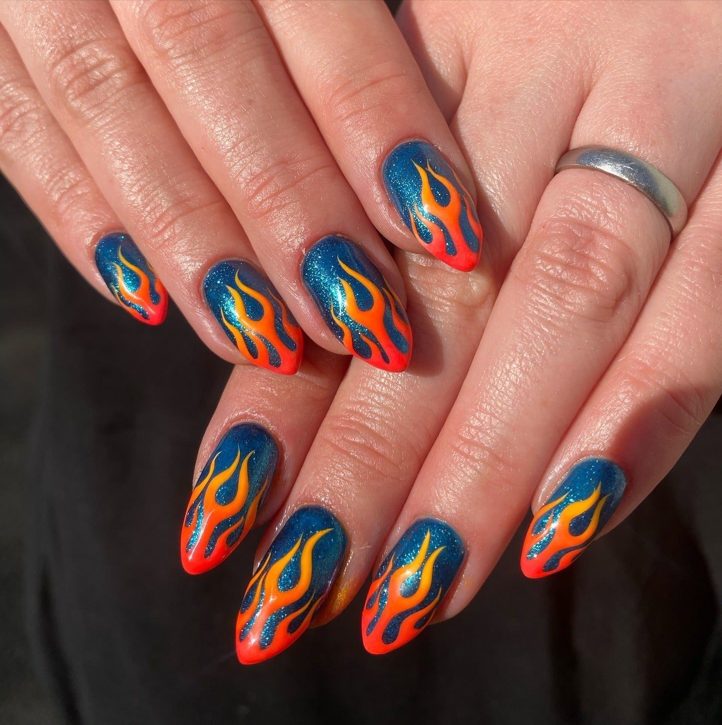 Medium Almond Blue Shimmer With Orange Yellow Flames Medium Almond Blue Shimmer With Orange Yellow Flames — Trendy Flame Nails