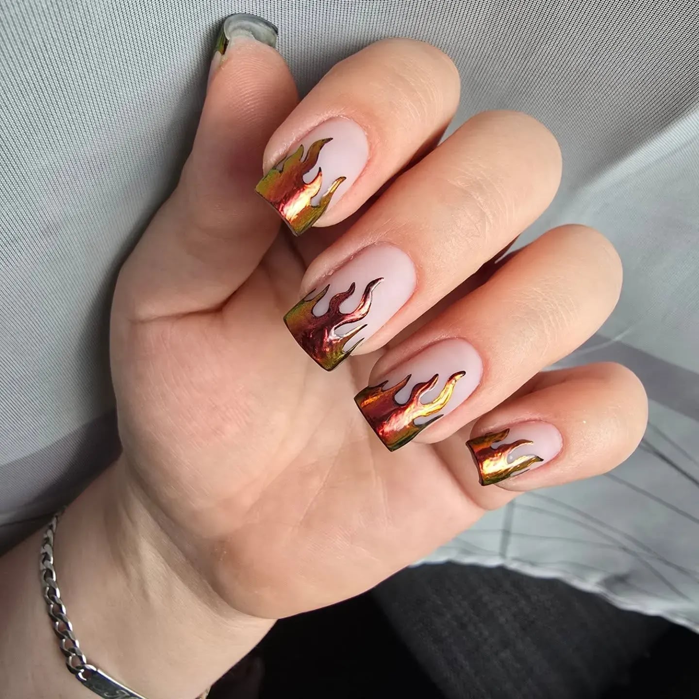 Medium Square Nude With Gold Red Orange Flame Decals Medium Square Nude With Gold Red Orange Flame Decals — Trendy Flame Nails