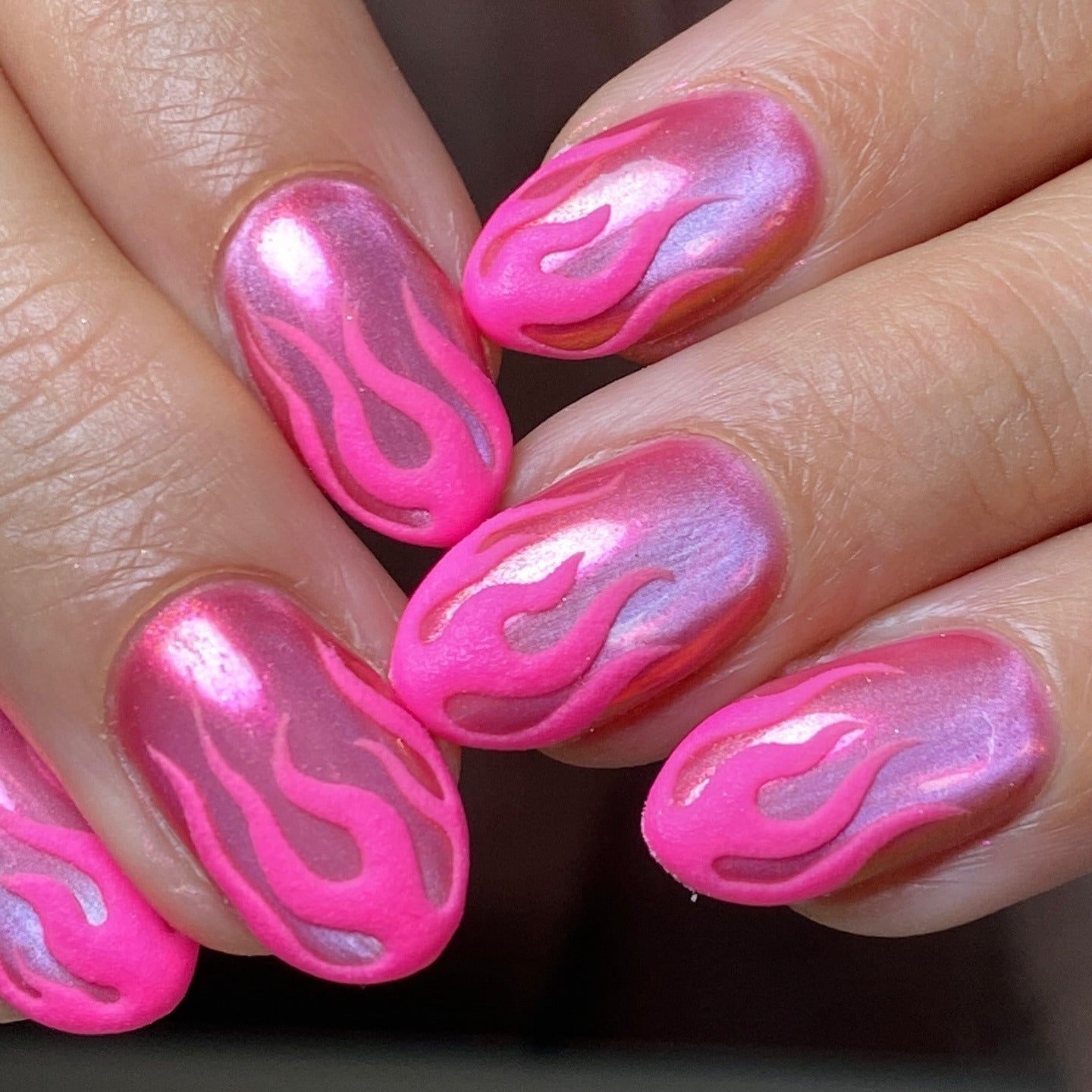Medium Oval Nails With Raised Hot Pink 3D Flames Medium Oval Nails With Raised Hot Pink 3D Flames — Trendy Flame Nails