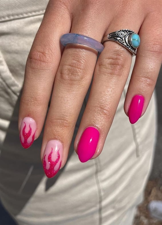Medium Almond Pink With Hot Pink Flame Decals Medium Almond Pink With Hot Pink Flame Decals — Trendy Flame Nails