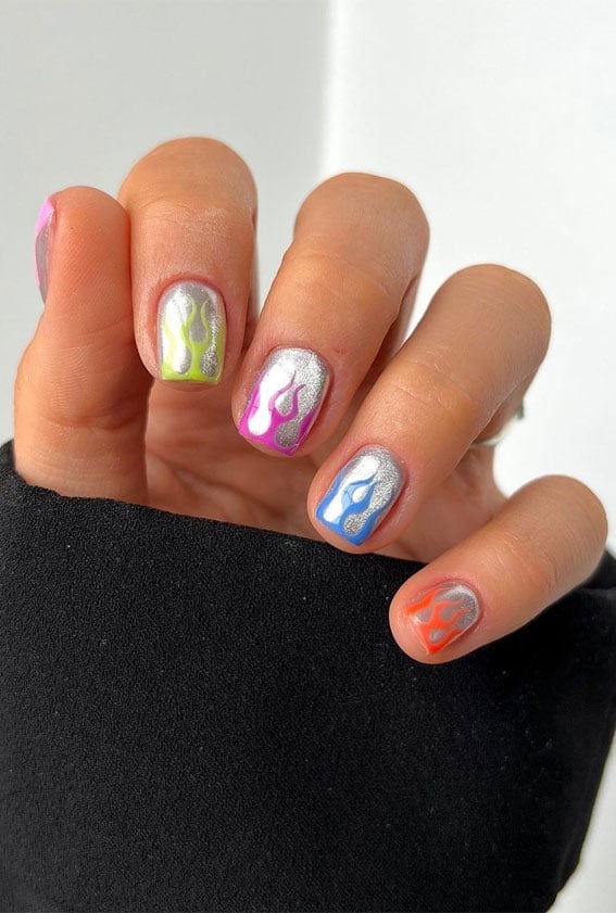 Short Square Silver Chrome With Small Colorful Flames Short Square Silver Chrome With Small Colorful Flames — Trendy Flame Nails