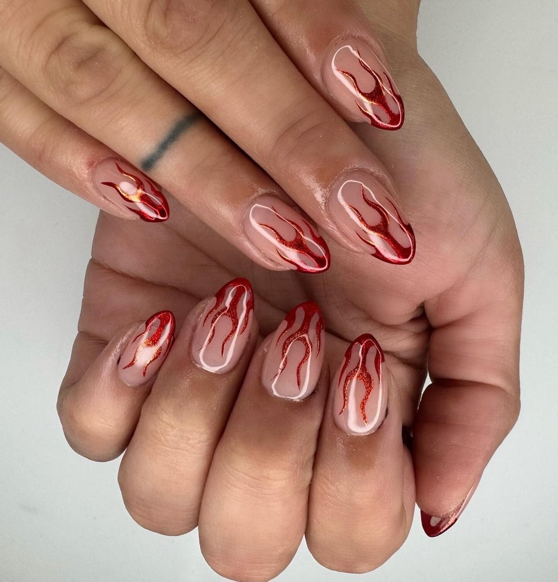 Short Almond Chrome With Multi-Color Metallic Flames Short Almond Chrome With Multi-Color Metallic Flames — Trendy Flame Nails