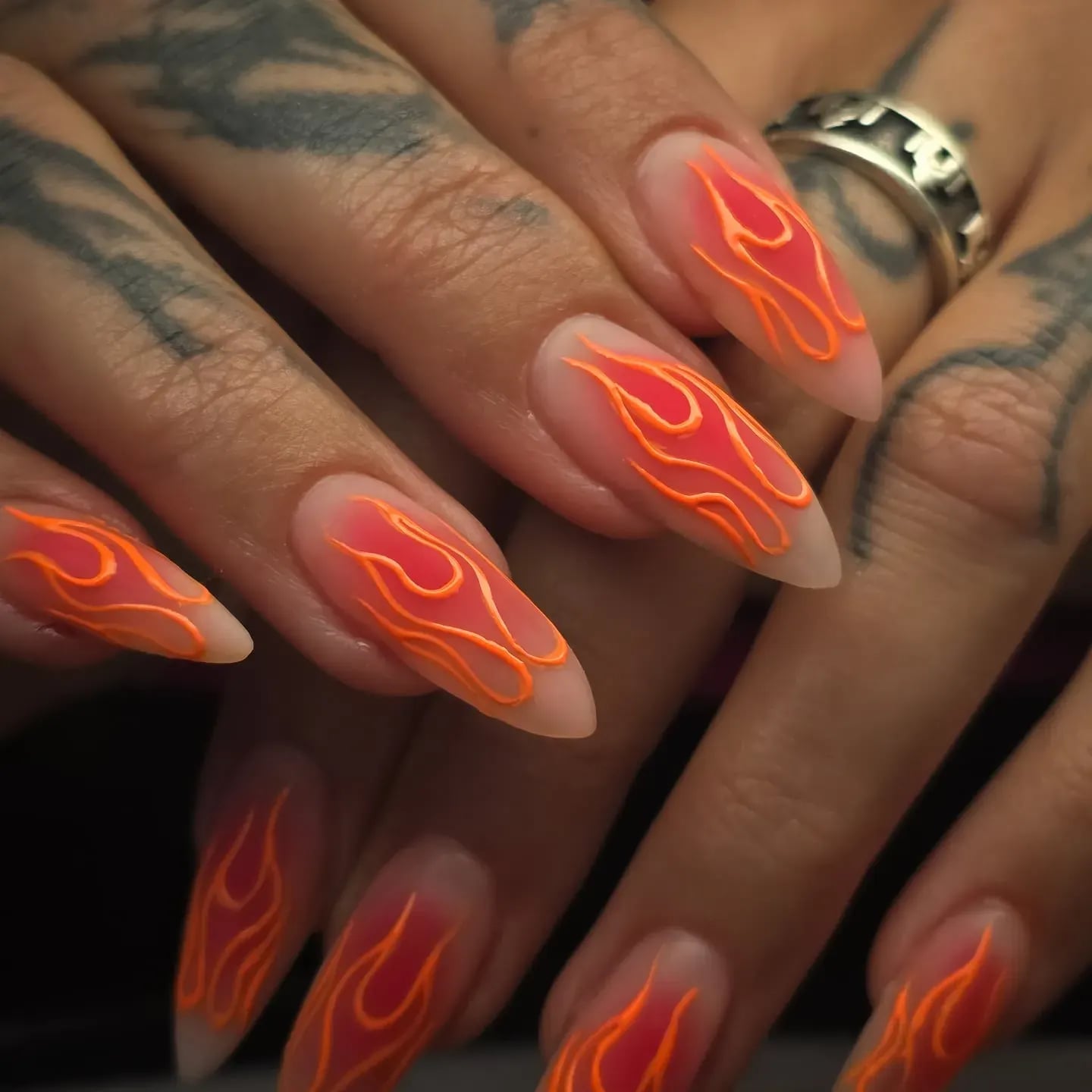 Long Stiletto Neon Orange Red Flame Design Long Stiletto Neon Orange Red Flame Design — Trendy Flame Nails