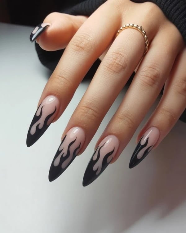 Long Stiletto Sheer Nude With Matte Black Flames Long Stiletto Sheer Nude With Matte Black Flames — Trendy Flame Nails
