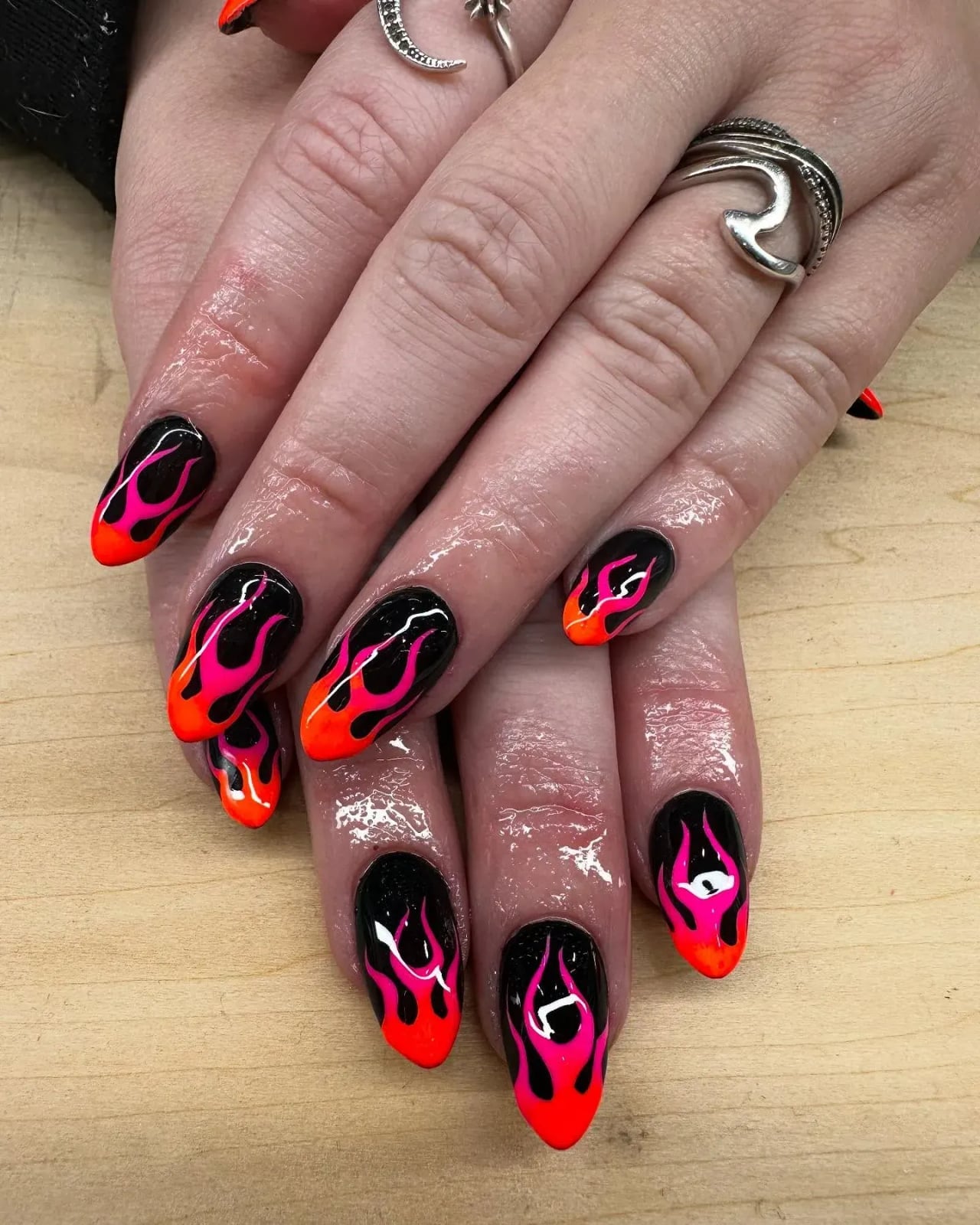 Medium Almond Black With Hot Pink Neon Orange Flames Medium Almond Black With Hot Pink Neon Orange Flames — Trendy Flame Nails