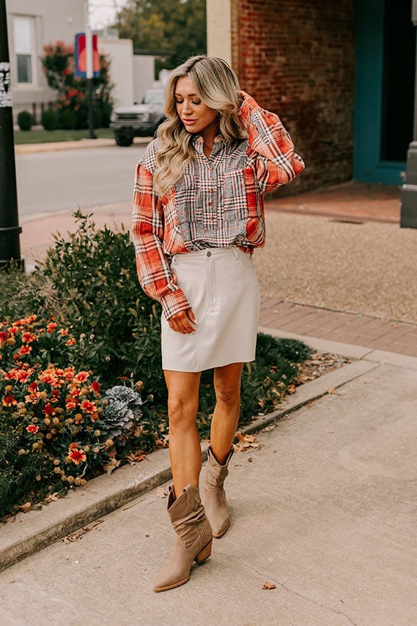 Plaid Shirt with Faux Leather Skirt Plaid Shirt with Faux Leather Skirt — Trendy Flannel Outfits
