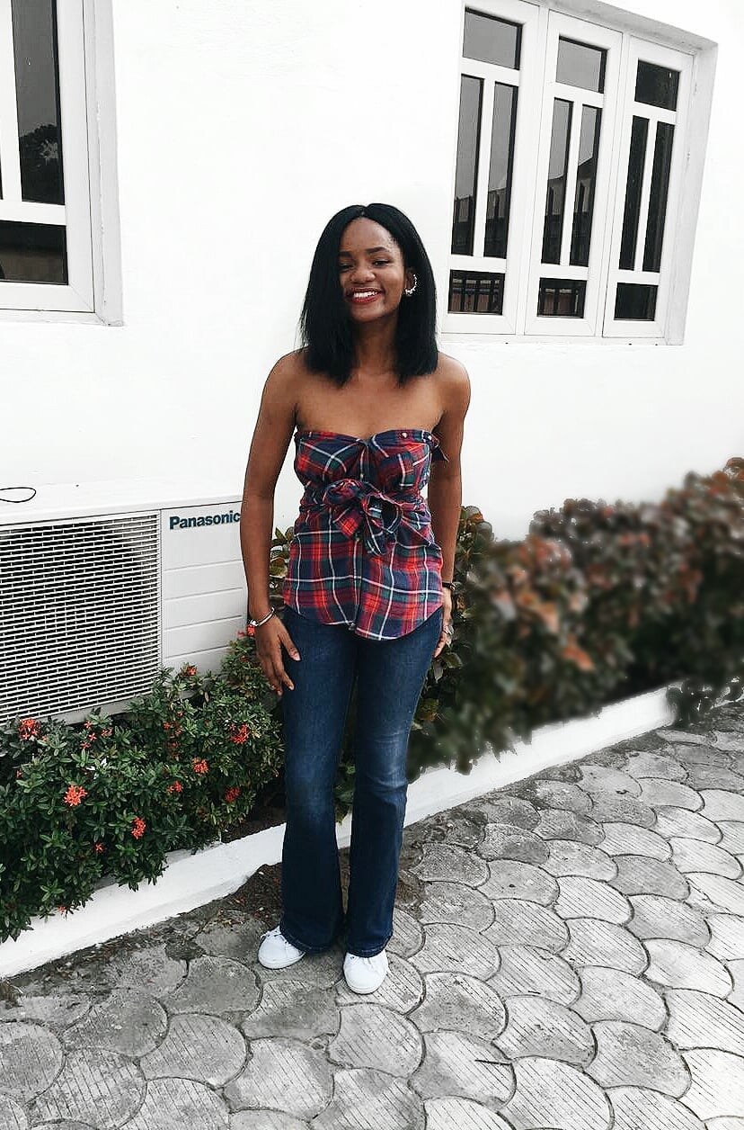Plaid Strapless Top with Flared Jeans Plaid Strapless Top with Flared Jeans — Trendy Flannel Outfits