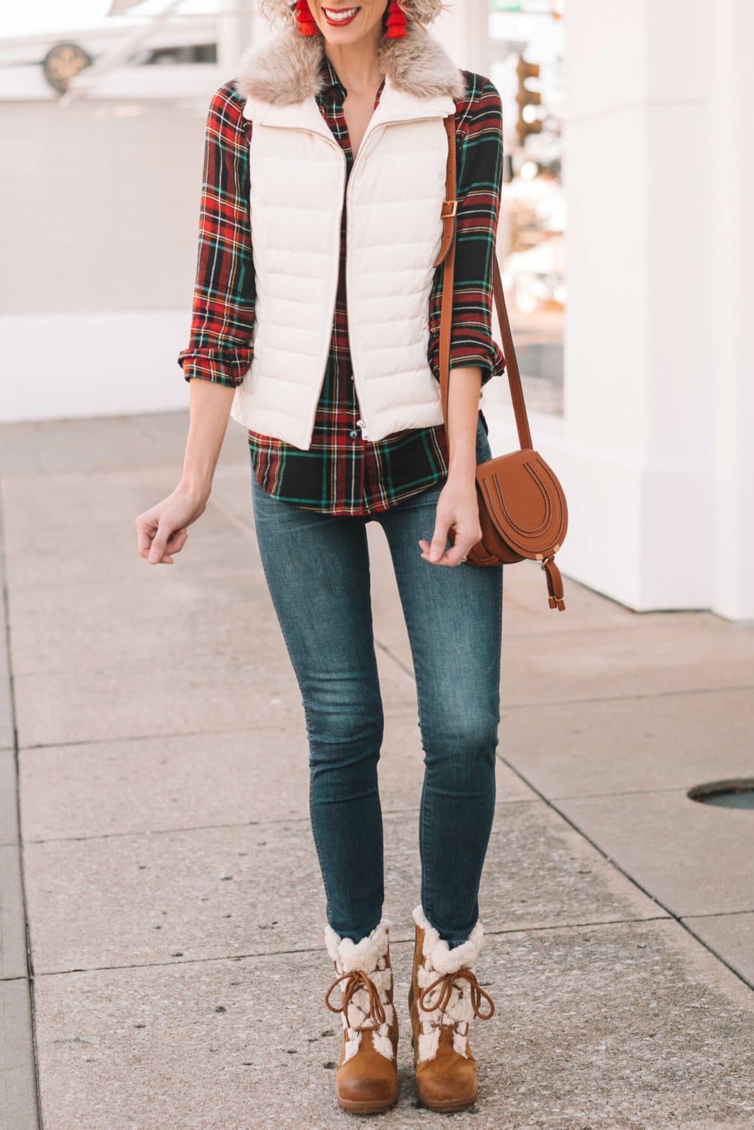 Plaid Shirt Layered with Puffer Vest Plaid Shirt Layered with Puffer Vest — Trendy Flannel Outfits