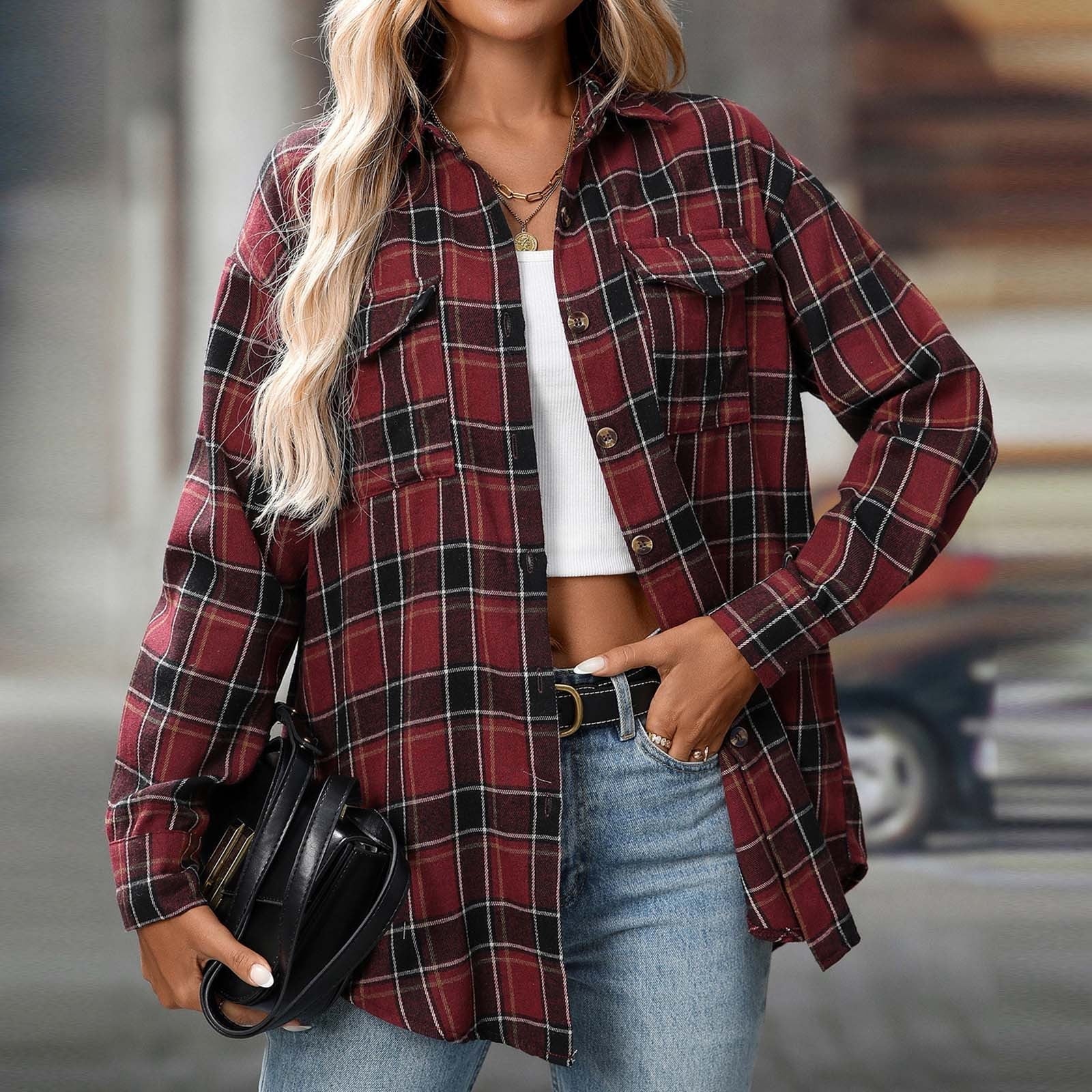 Red Plaid Shacket with Crop Top, Oversized Red Plaid Shacket with Crop Top, Oversized — Trendy Flannel Outfits