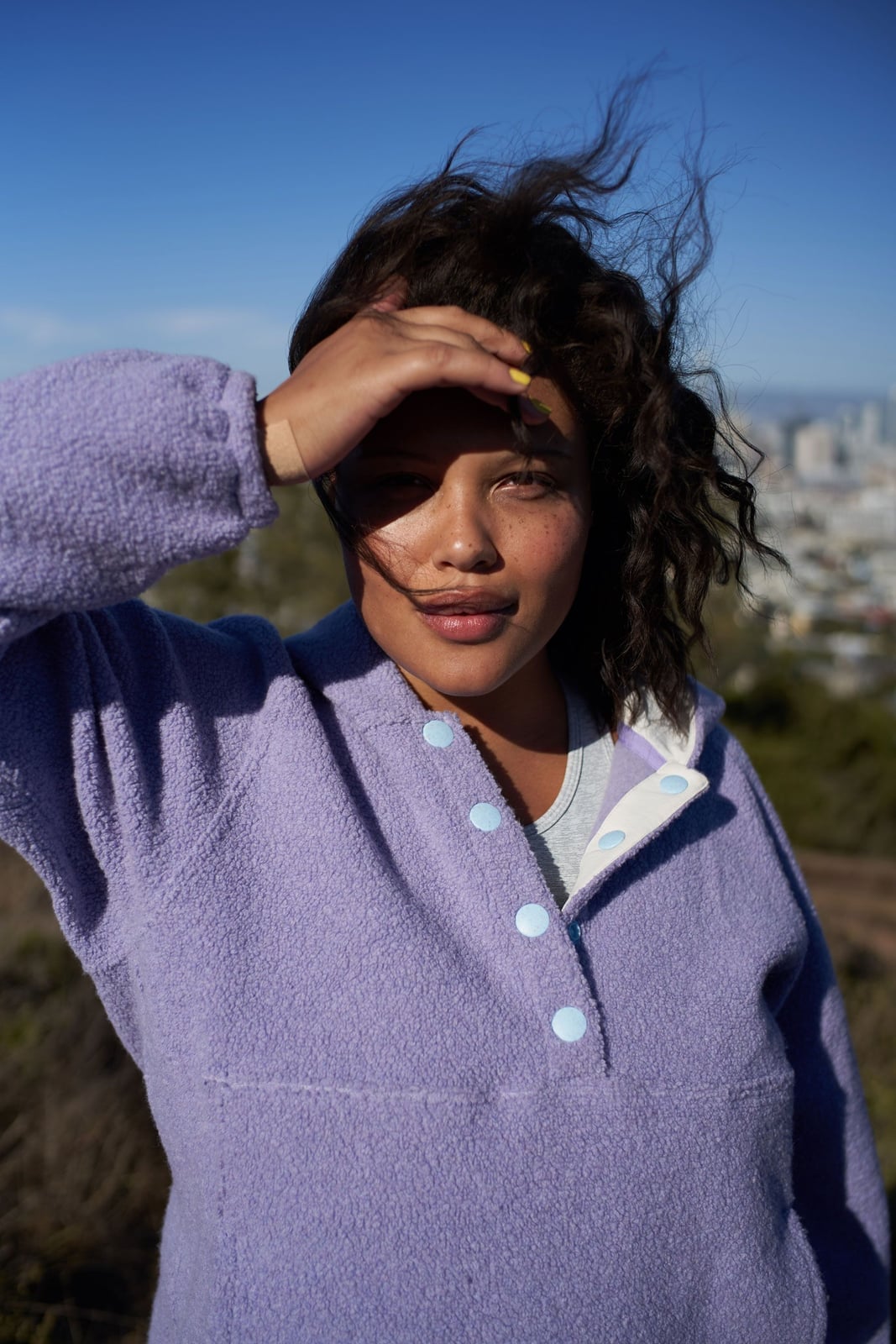 Textured Purple Fleece Pullover Over Grey T-Shirt Textured Purple Fleece Pullover Over Grey T-Shirt — Trendy Fleece Outfits