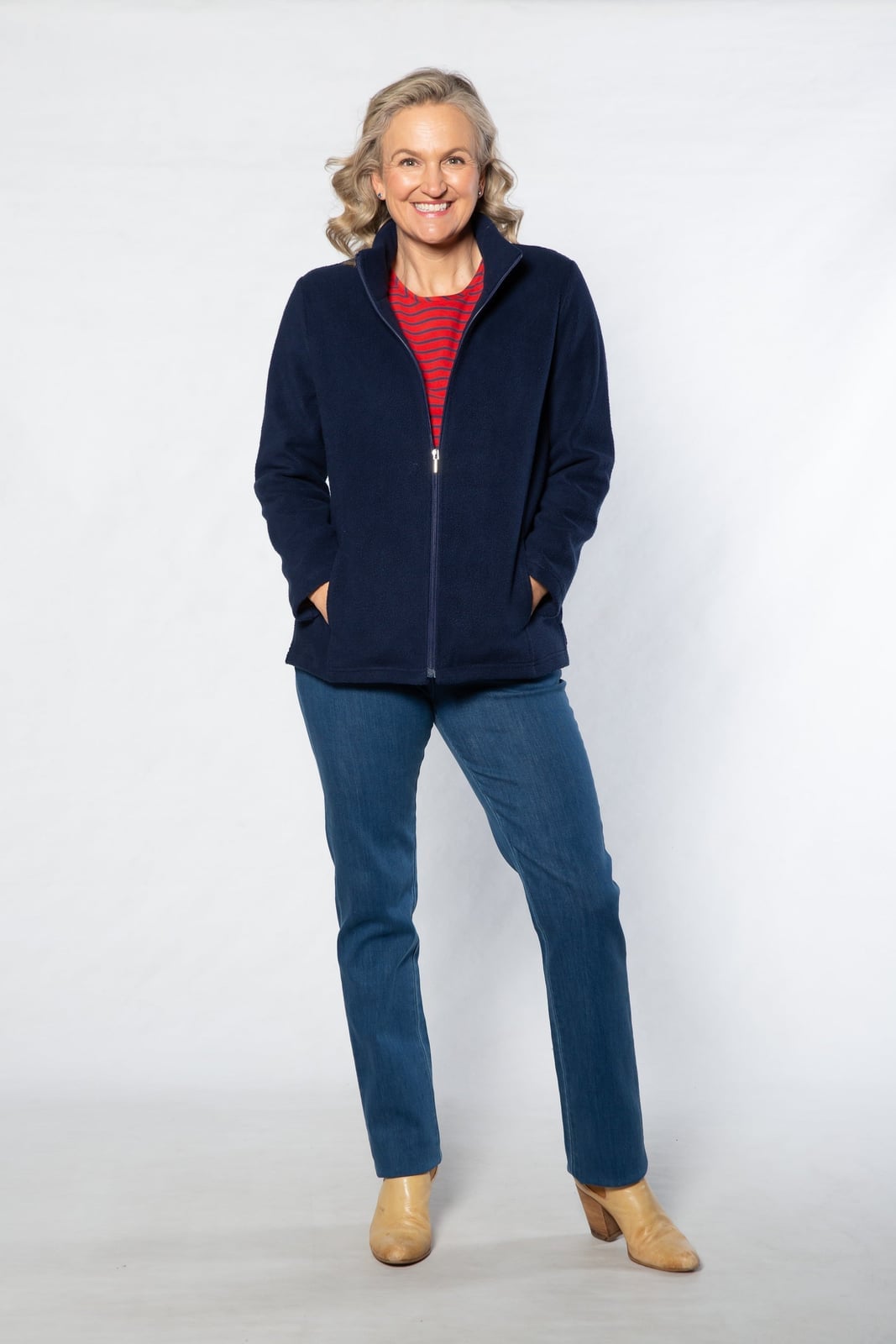 Navy Fleece Zip Jacket with Striped T-Shirt and Jeans Navy Fleece Zip Jacket with Striped T-Shirt and Jeans — Trendy Fleece Outfits