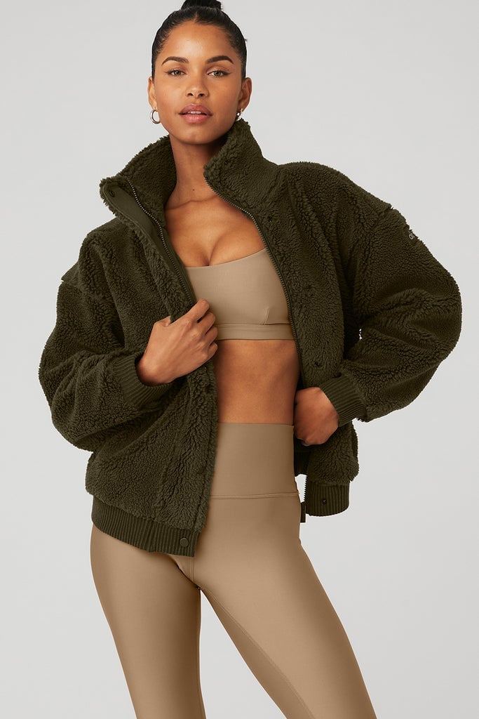 Olive Green Teddy Fleece Jacket with Beige Activewear Olive Green Teddy Fleece Jacket with Beige Activewear — Trendy Fleece Outfits
