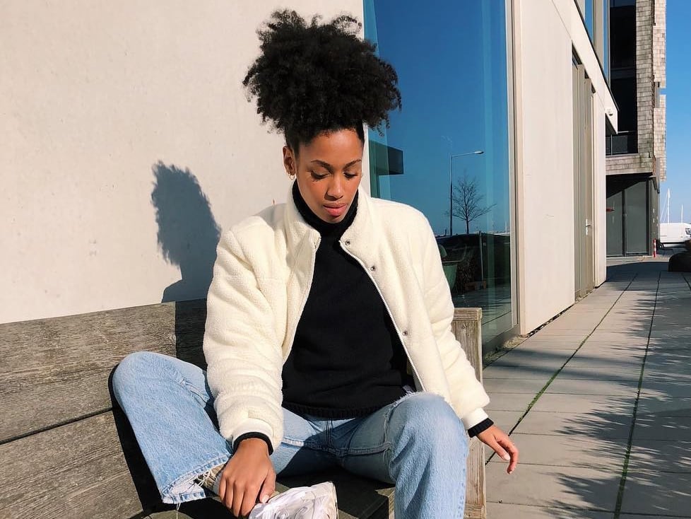Cream Fleece Jacket Over Black Turtleneck with Jeans Cream Fleece Jacket Over Black Turtleneck with Jeans — Trendy Fleece Outfits