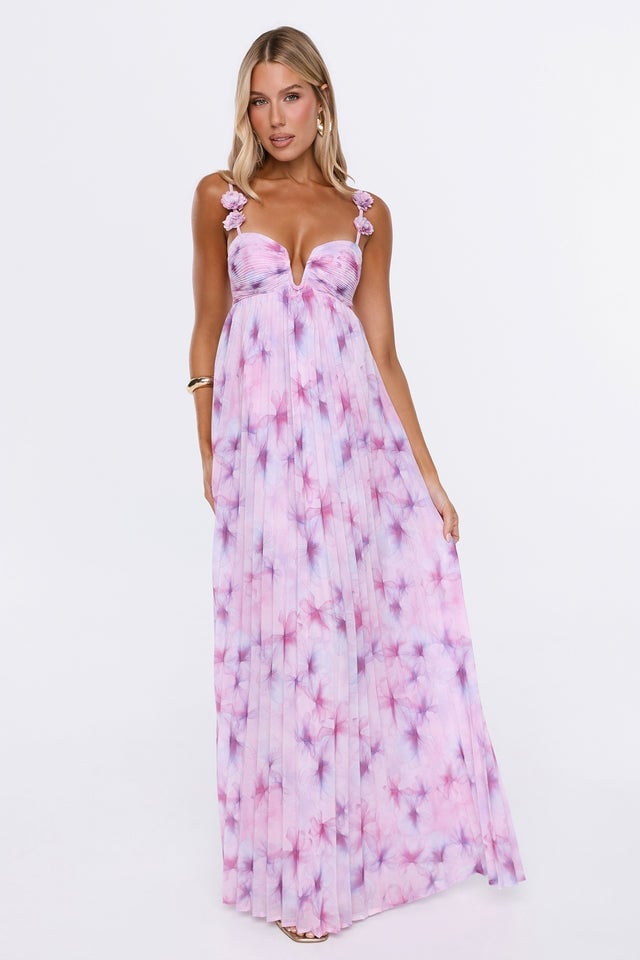 Pink Tie-Dye Floral Maxi Dress With Pleated Chiffon Pink Tie-Dye Floral Maxi Dress With Pleated Chiffon — Trendy Floral Dress