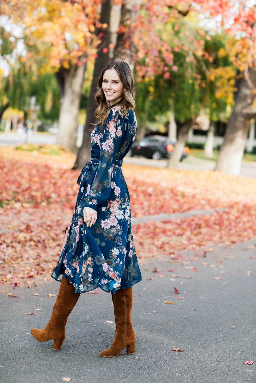 Navy Floral Chiffon Maxi Dress With Tie Belt Navy Floral Chiffon Maxi Dress With Tie Belt — Trendy Floral Dress