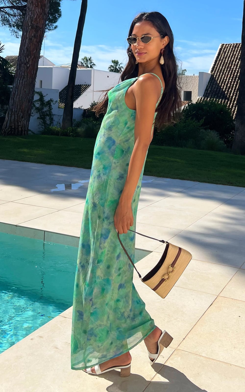Green Abstract Floral Slip Maxi Dress With Sheer Fabric Green Abstract Floral Slip Maxi Dress With Sheer Fabric — Trendy Floral Dress