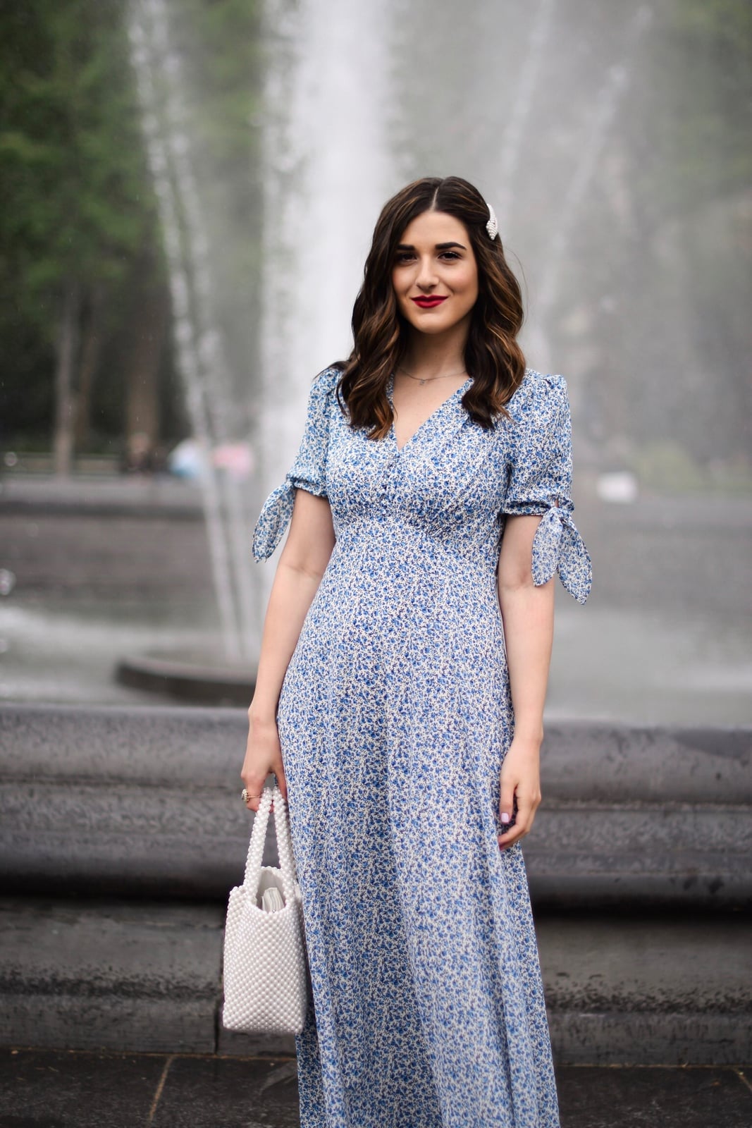 Blue Floral Midi Dress With Short Sleeves And Tie Details Blue Floral Midi Dress With Short Sleeves And Tie Details — Trendy Floral Dress