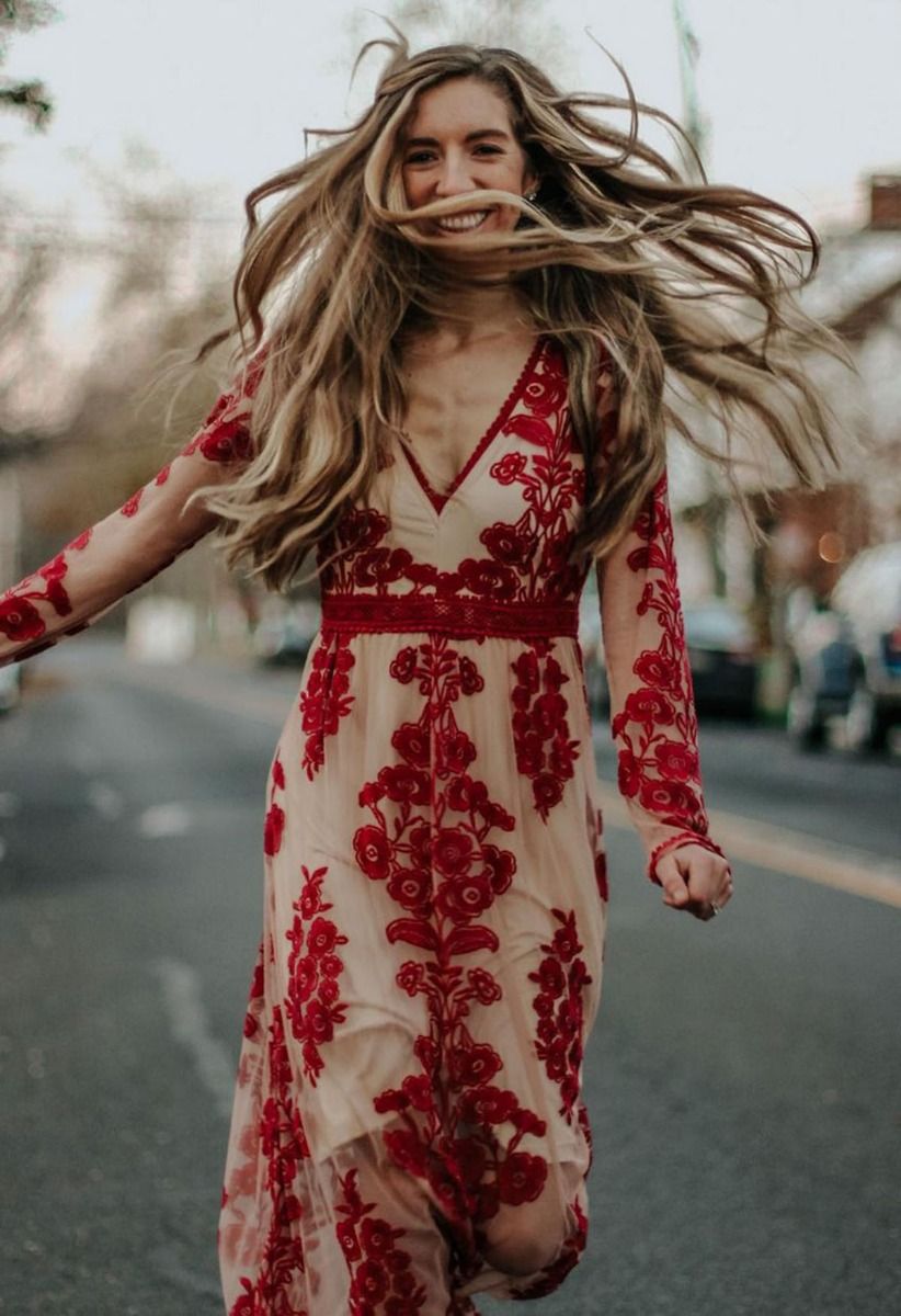 Beige Sheer Maxi Dress With Red Floral Embroidery Beige Sheer Maxi Dress With Red Floral Embroidery — Trendy Floral Dress