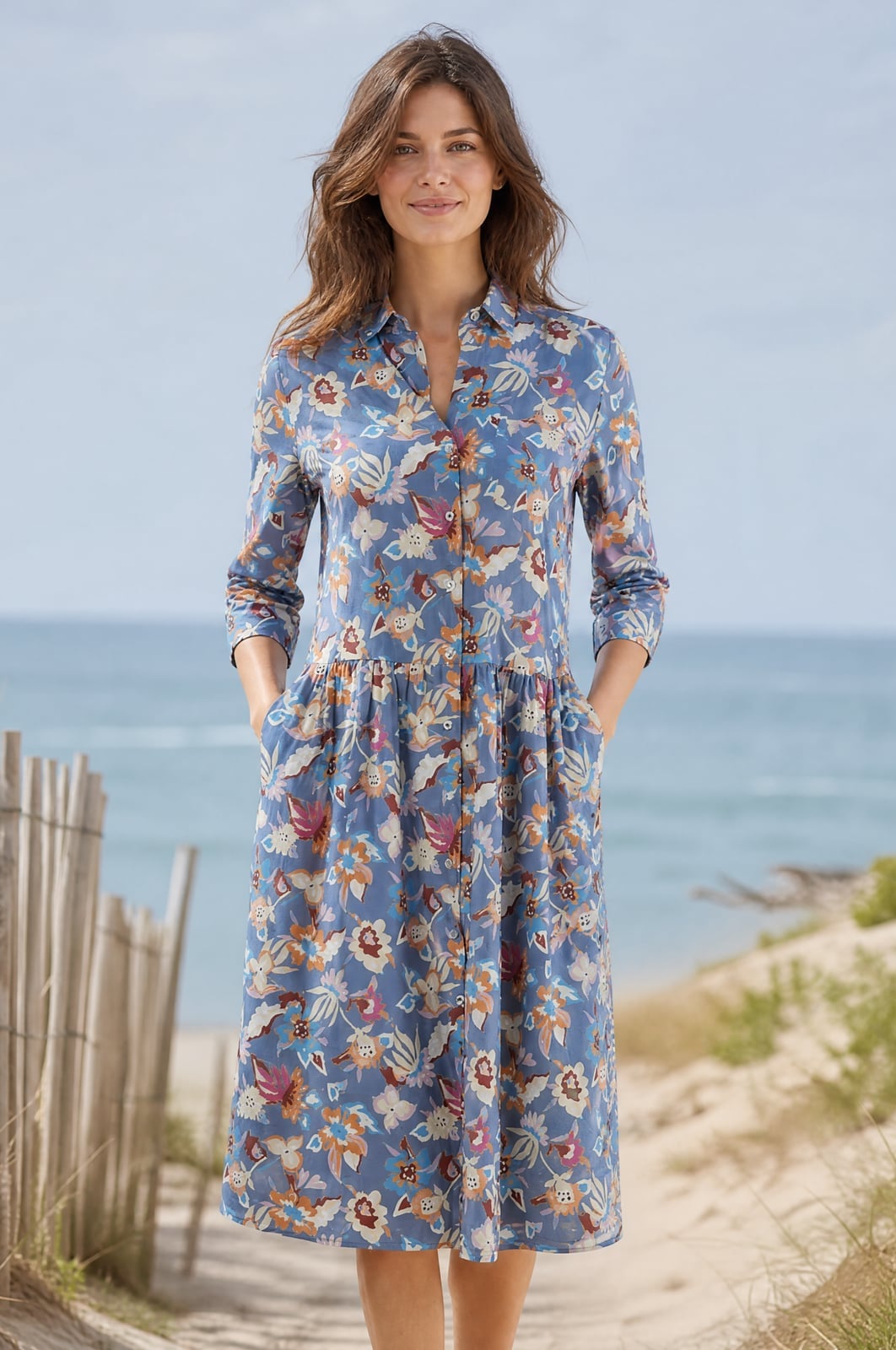 Blue Midi Shirt Dress With Multi-Color Floral Print Blue Midi Shirt Dress With Multi-Color Floral Print — Trendy Floral Dress