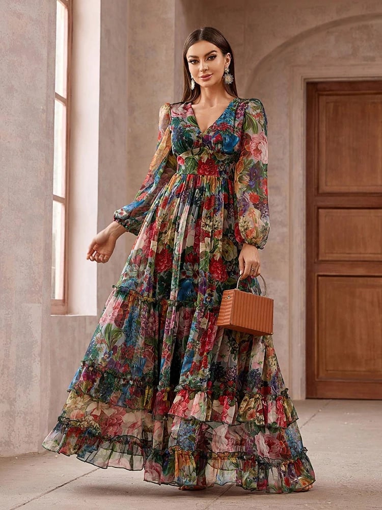 Vibrant Floral Chiffon Maxi Dress With Tiered Ruffles Vibrant Floral Chiffon Maxi Dress With Tiered Ruffles — Trendy Floral Dress