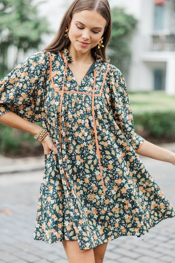 Dark Green Mini Dress With Floral Print And Contrast Trim Dark Green Mini Dress With Floral Print And Contrast Trim — Trendy Floral Dress