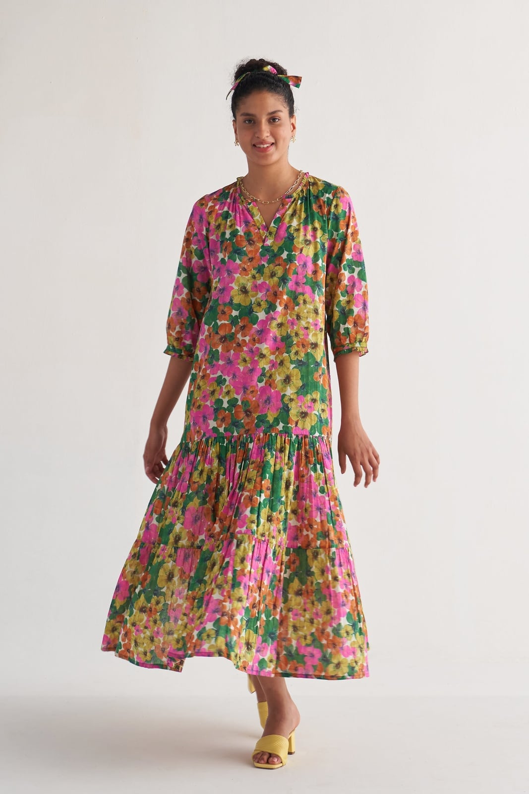 Pink Yellow Green Floral Tiered Maxi Dress Pink Yellow Green Floral Tiered Maxi Dress — Trendy Floral Dress