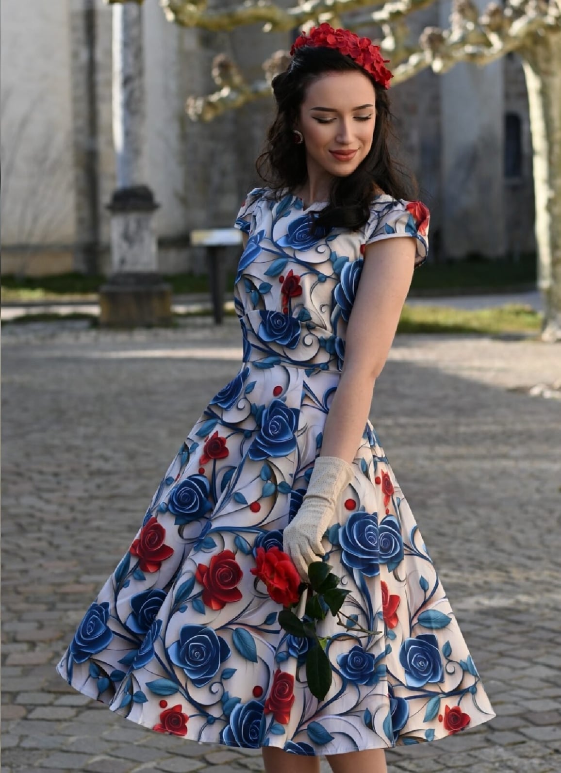 Cream Swing Dress With Blue Red Floral Print Cream Swing Dress With Blue Red Floral Print — Trendy Floral Dress