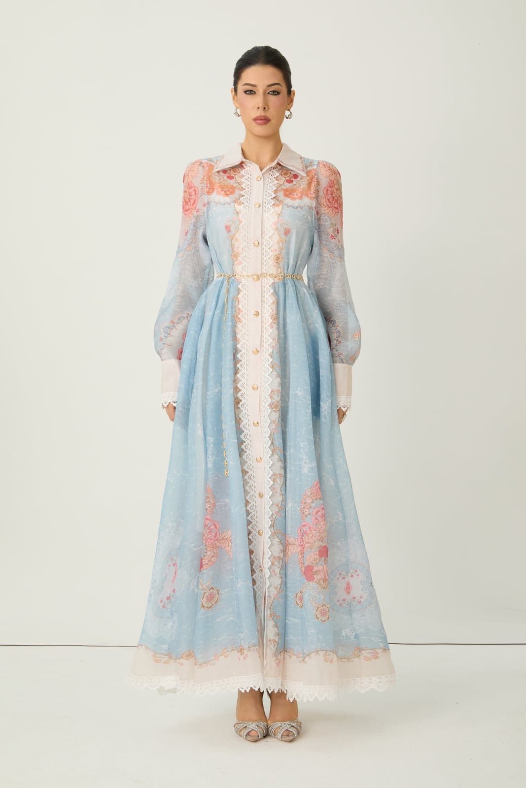 Light Blue Long Sleeve Maxi Dress With Lace Trim Light Blue Long Sleeve Maxi Dress With Lace Trim — Trendy Floral Dress