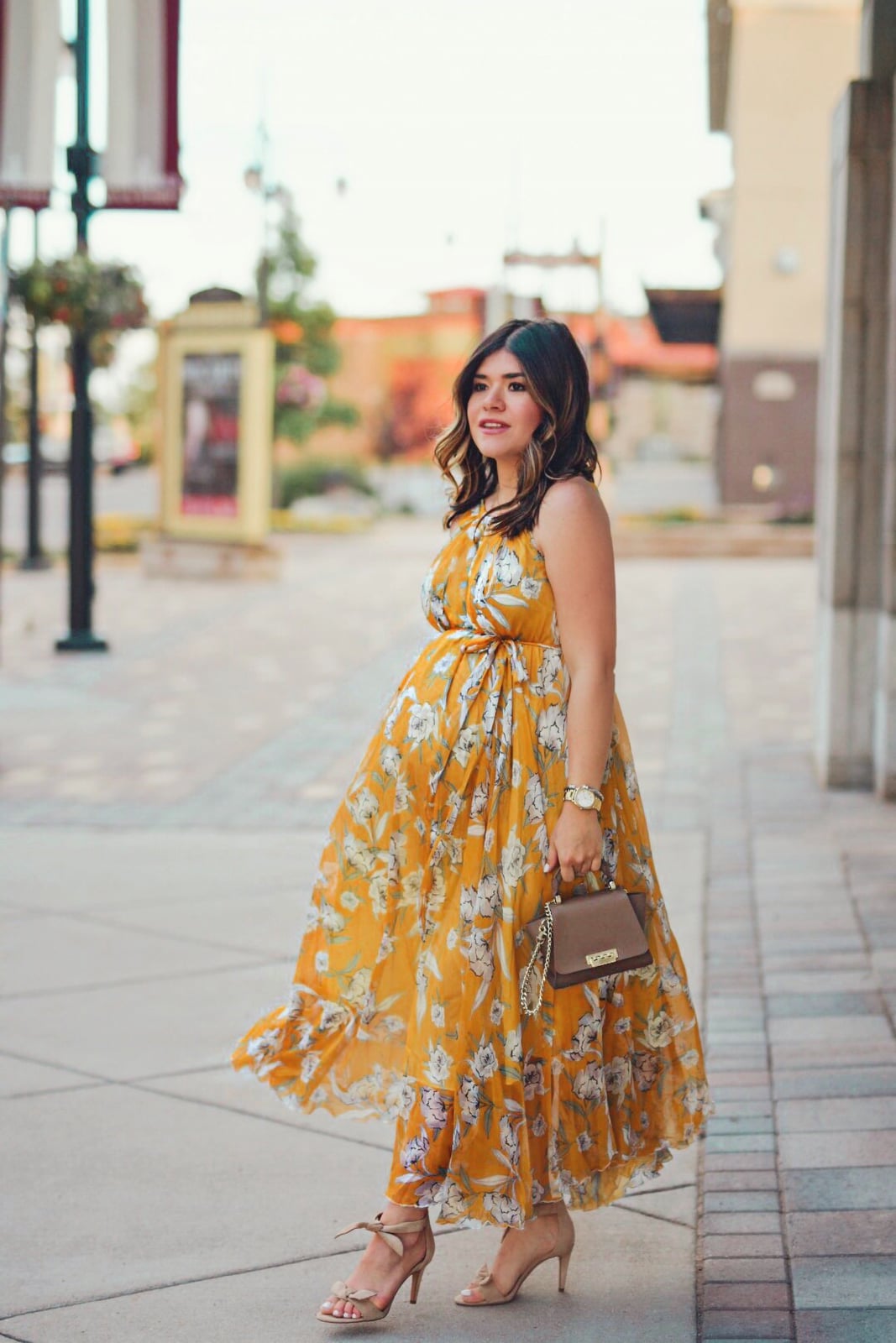 Yellow Floral Sheer Maxi Dress With Halter Neckline Yellow Floral Sheer Maxi Dress With Halter Neckline — Trendy Floral Dress