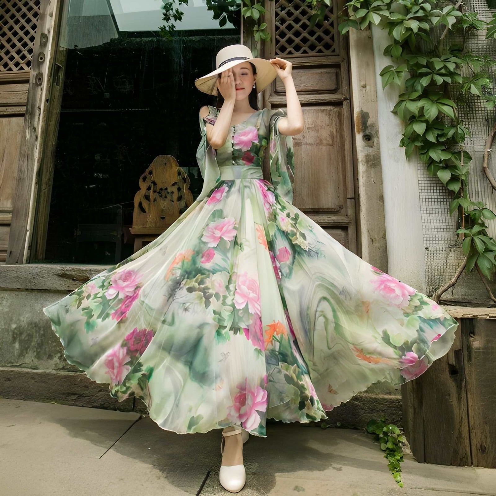 Green Floral Maxi Dress With Sheer Cape Overlay Green Floral Maxi Dress With Sheer Cape Overlay — Trendy Floral Dress