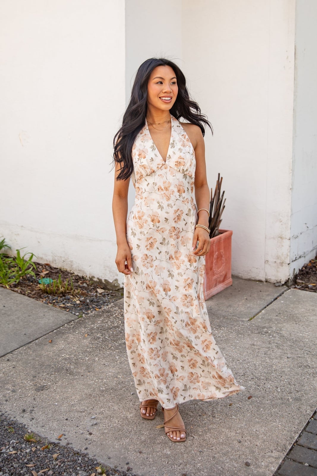Cream Floral Halter Maxi Dress With Peach Print Cream Floral Halter Maxi Dress With Peach Print — Trendy Floral Dress