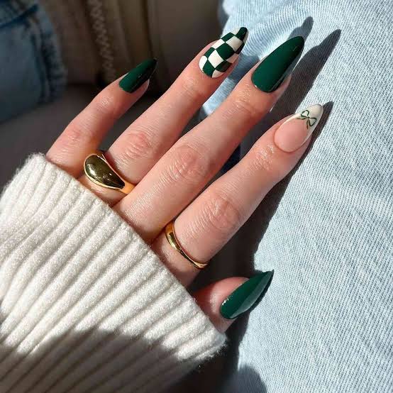Long Almond Checkerboard and Bow Nails Long Almond Checkerboard and Bow Nails — Trendy Forest Green Nails
