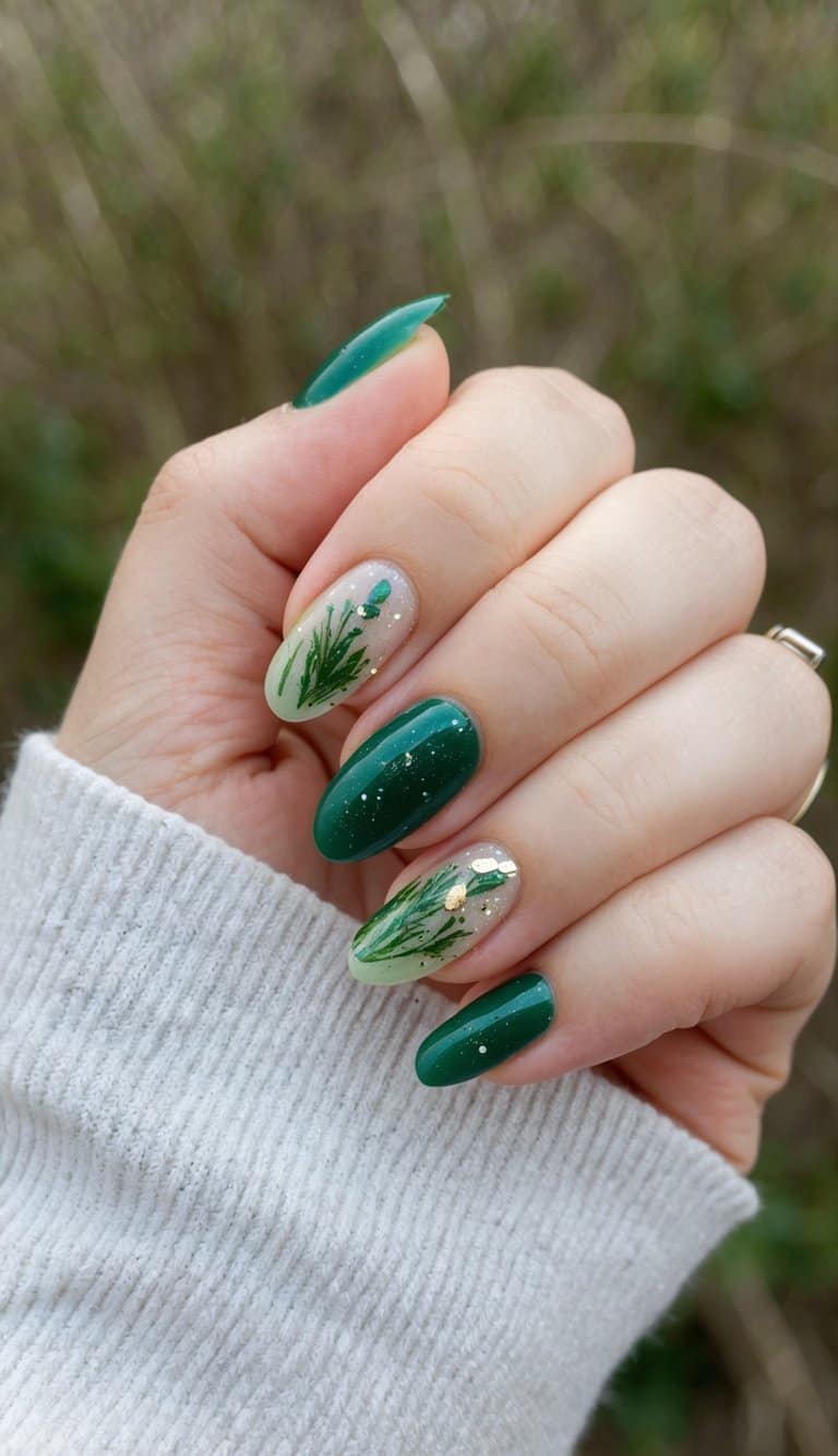 Medium Oval Green Gradient with Greenery Art Medium Oval Green Gradient with Greenery Art — Trendy Forest Green Nails