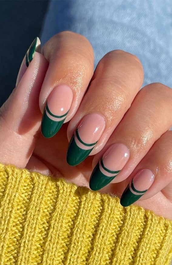 Medium Almond Double French Green Tips Medium Almond Double French Green Tips — Trendy Forest Green Nails