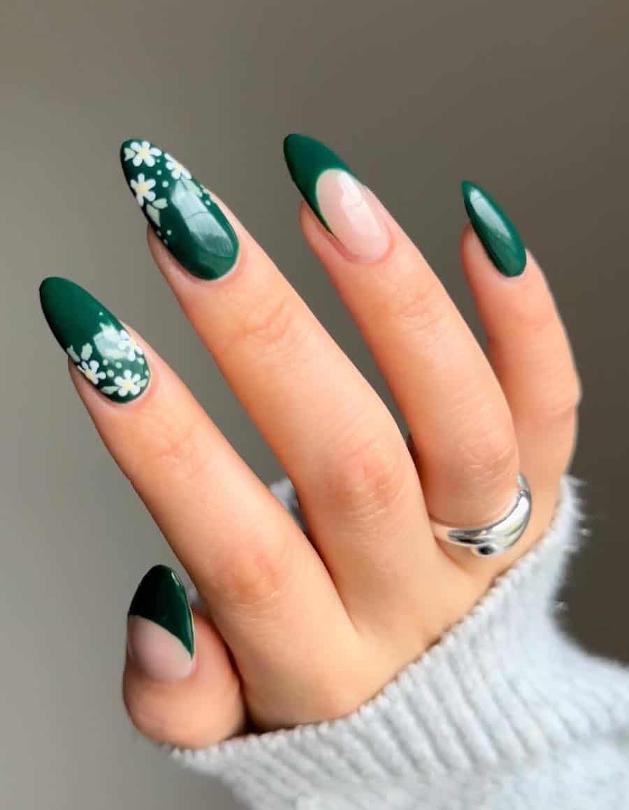 Medium Almond Green with White Floral Art Medium Almond Green with White Floral Art — Trendy Forest Green Nails