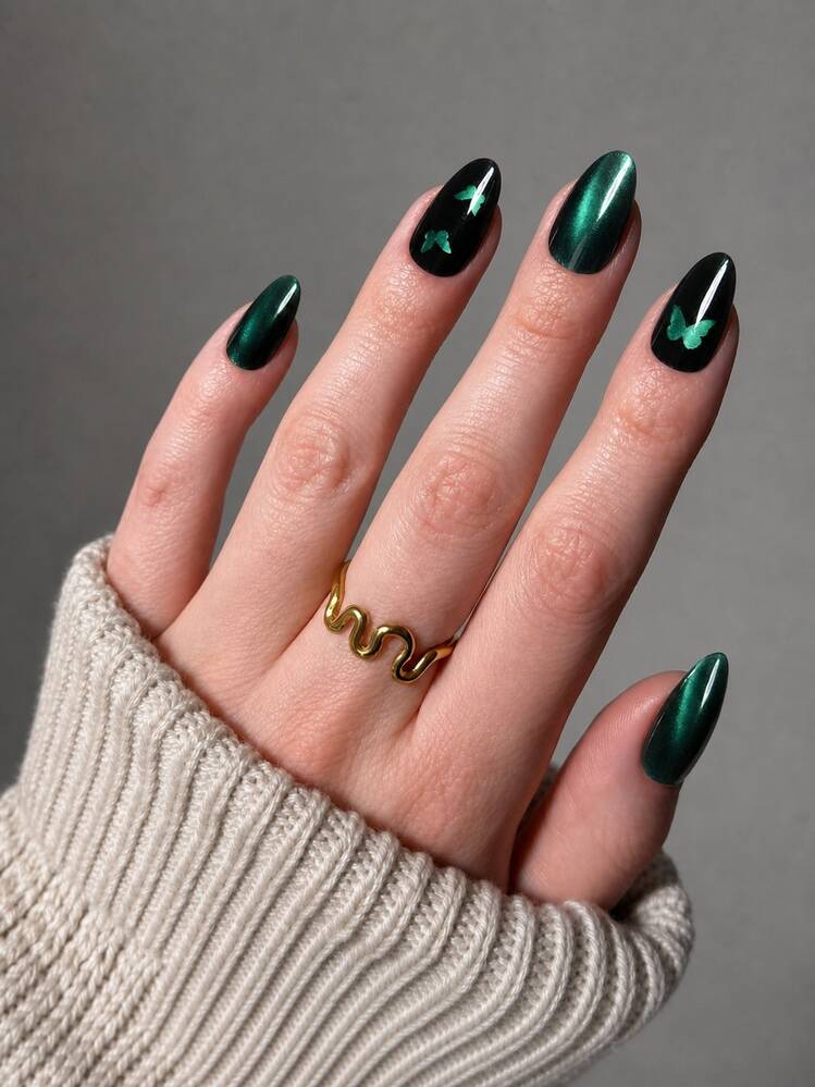 Medium Almond Forest Green Cat-Eye with Butterflies Medium Almond Forest Green Cat-Eye with Butterflies — Trendy Forest Green Nails