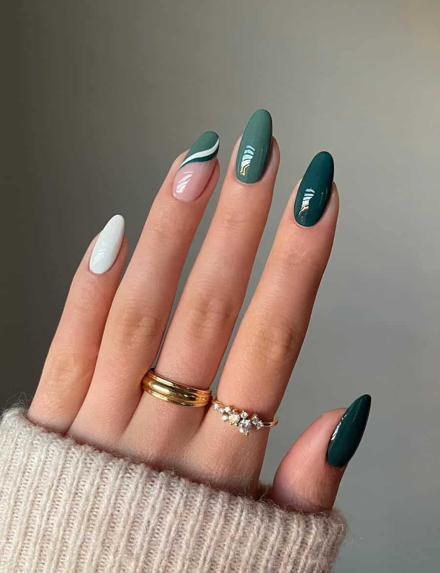 Medium Almond Glossy Green Abstract Art Medium Almond Glossy Green Abstract Art — Trendy Forest Green Nails