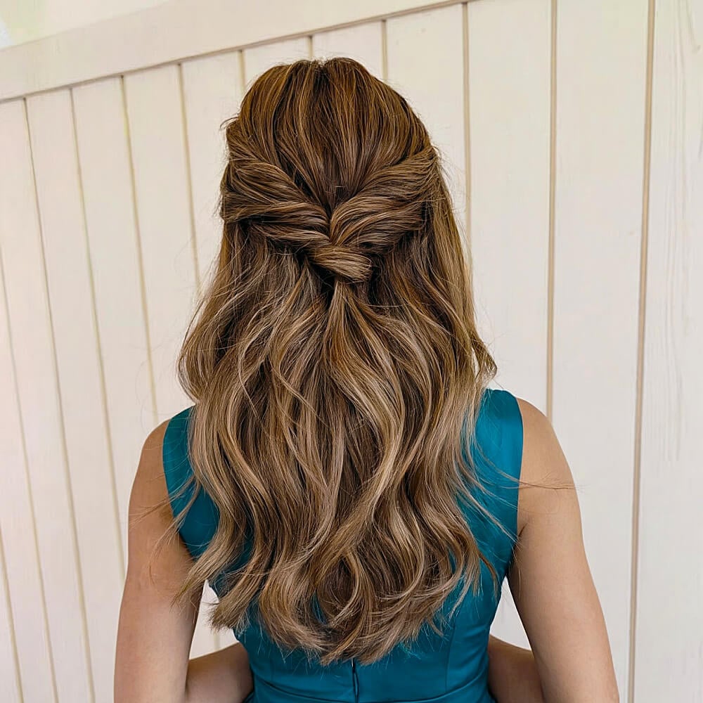 Brown Balayage Half-Up Half-Down With Knot Brown Balayage Half-Up Half-Down With Knot — Trendy Formal Hair