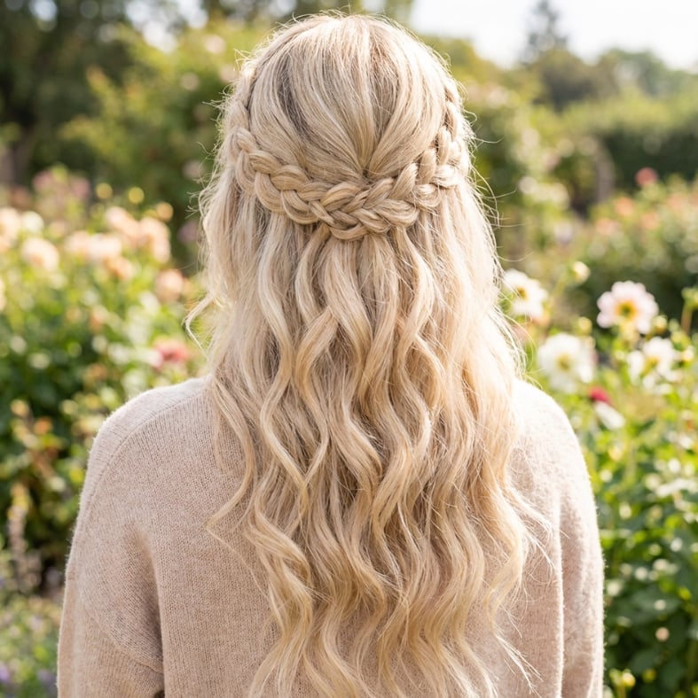 Blonde Half-Up Half-Down With Braided Crown Blonde Half-Up Half-Down With Braided Crown — Trendy Formal Hair