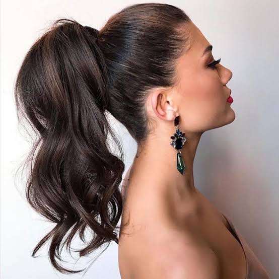 Dark Brown High Ponytail With Voluminous Waves Dark Brown High Ponytail With Voluminous Waves — Trendy Formal Hair