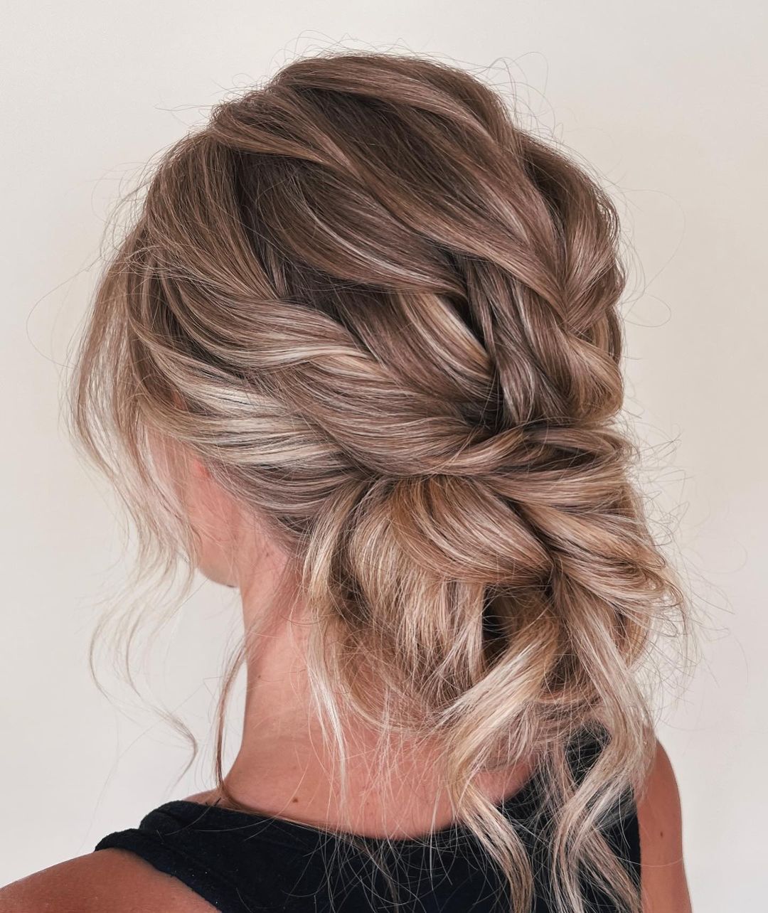 Brown Balayage Twisted Updo With Wispy Bangs Brown Balayage Twisted Updo With Wispy Bangs — Trendy Formal Hair
